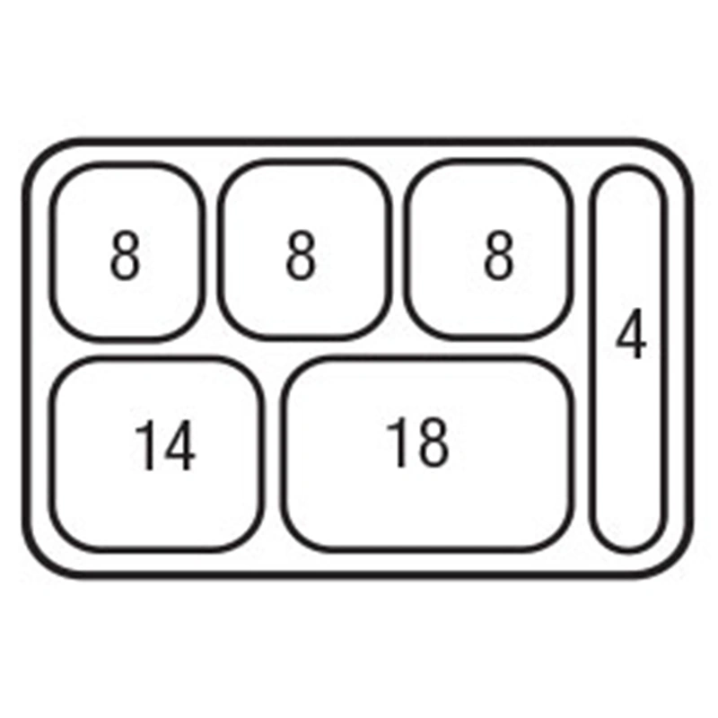 Six Compartment Deep Tray — capacity diagram